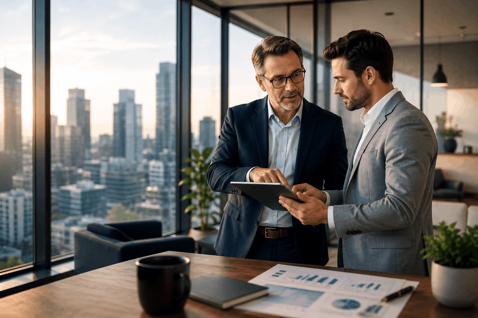 Fractional CFO advisor and business owner reviewing financial strategy and growth data together in a modern office overlooking a city skyline.